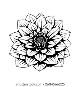 Detailed Black And White Illustration Of A Dahlia Flower
