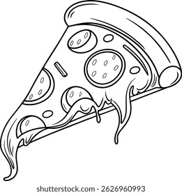 Detailed black and white illustration of a delicious pizza slice with melted cheese and toppings