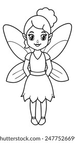 A detailed black and white illustration depicting a fairy adorned with wings