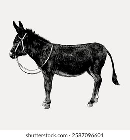 Detailed black and white illustration of a donkey with a harness. The donkey stands in profile, showcasing its features. Donkey art with harness detail. Vintage animal illustration vector.