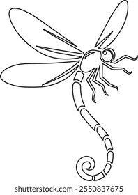 A detailed black and white illustration of a dragonfly, showcasing its intricate body details, wings, and elegant tail, ideal for nature-inspired artistic designs or educational usage.