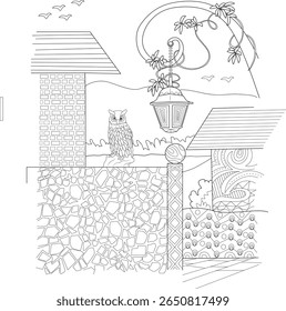 Ilustração detalhada em preto e branco com uma coruja, lanterna e elementos de jardim caprichosos, ideal para projetos criativos.