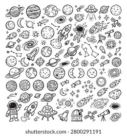 A detailed black and white illustration featuring a diverse array of space related objects including planets moons stars asteroids spaceships and astronauts in a cartoonish style
