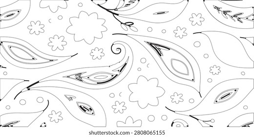 A detailed black and white illustration featuring a seamless paisley pattern intertwined with various floral shapes and swirling lines, creating an elegant and decorative design.