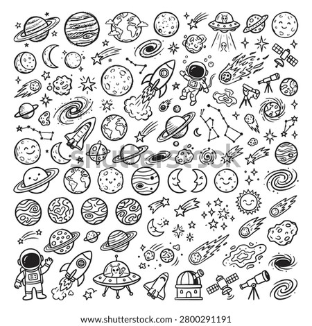 A detailed black and white illustration featuring a diverse array of space related objects including planets moons stars asteroids spaceships and astronauts in a cartoonish style