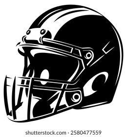 Detailed Black and White Illustration of a Football Helmet with Face Guard.