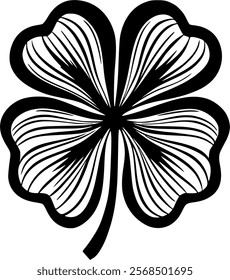 A detailed black and white illustration of a four-leaf clover, often associated with luck and Irish culture.