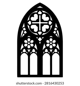Detailed black and white illustration of a Gothic church window showcasing ornate stained glass and architectural elements.