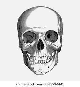 Detailed black and white illustration of a human skull. The skull drawing features intricate linework, highlighting the skull's structure and details. Vintage art illustration, vector.