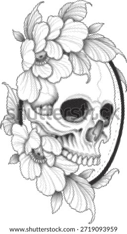 Detailed black and white illustration of a human skull gracefully adorned with large blooming flowers and leaves