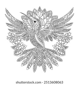 A detailed, black and white illustration of a hummingbird, intricately decorated with mandala-like patterns. Perfect for adult colouring books, art prints, and tattoos.