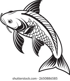 Uma ilustração detalhada em preto e branco de um peixe koi, capturado em movimento com barbatanas e escamas fluindo. O trabalho artístico apresenta uma linha de trabalho arrojada e um estilo gráfico limpo.