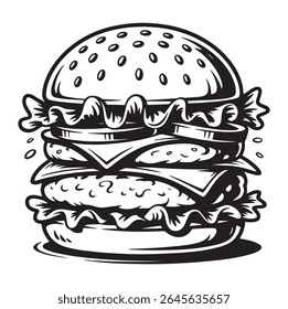 A detailed black and white illustration of a large burger featuring a sesame seed bun lettuce cheese patties and other toppings The style is bold and graphic with strong outlines and textures