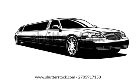 Detailed black and white illustration of a limousine, showcasing its elongated design and luxurious features. Perfect for transportation or luxury themes.
