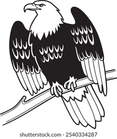 Detailed black and white illustration of a majestic eagle perched on a branch, showcasing its intricate feathers and regal stance. Ideal for nature, wildlife, and bird-themed projects.