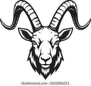 Uma ilustração detalhada em preto e branco da cabeça de uma majestosa cabra montesa, mostrando seus chifres impressionantes e características faciais.