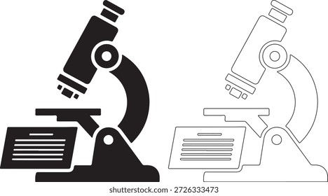 Una ilustración detallada en blanco y negro de un microscopio con una pantalla de computadora, presentada en estilos de arte en línea y negro sólido uno al lado del otro sobre un fondo blanco limpio