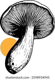 Detailed black and white illustration of a mushroom with a minimalist design element