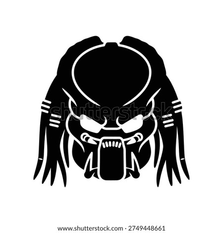 A detailed black and white illustration of a Predator's head, showcasing its menacing face and sharp teeth, set against a clean white background.