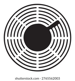 A detailed black and white illustration of a record player with concentric circular lines, a solid black center, and a protruding handle on a pure white background.