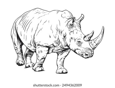 Detailed black and white illustration of a rhinoceros, featuring two prominent horns on its snout, set against a white background.