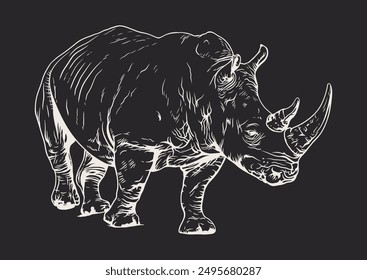 Detailed black and white illustration of a rhinoceros, featuring two prominent horns on its snout, set against a white background.