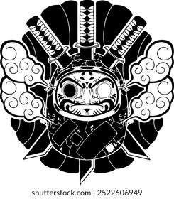 Detailed black and white illustration of a samurai mask with crossed katanas. Symbolizes Japanese honor and tradition