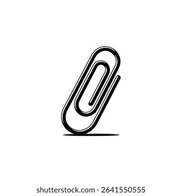 Detailed black and white illustration showcasing a paperclip standing upright, isolated on a pristine white background. This simple yet striking line art graphic emphasizes clarity.