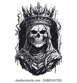 A detailed black and white illustration of a skull wearing a crown, symbolizing a powerful and mysterious undead king. Perfect for gothic and streetwear designs