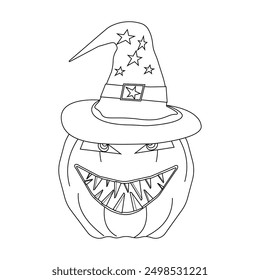 Detailed black and white illustration of a spooky witch pumpkin, perfect for Halloween-themed coloring activities. Ideal for kids and adults.