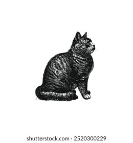 Detailed black and white illustration of a tabby cat. Vector illustration design.