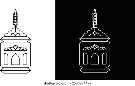 Detailed black and white illustration of a traditional cultural lantern showcasing symmetrical design elements, suitable for decorative or festive use.