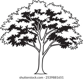 A detailed black and white illustration of a tree with lush foliage. Perfect for nature-themed designs and artistic concepts, highlighting the beauty and complexity of tree branches and leaves.