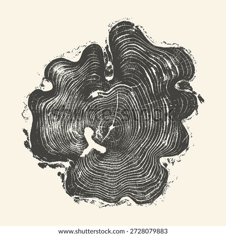 A detailed black and white illustration of a tree trunk cross-section showing unique annual growth rings and a rustic, distressed woodcut texture.