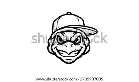 A detailed black and white illustration of a turtle's head, sporting a cap and a determined, slightly menacing grin.