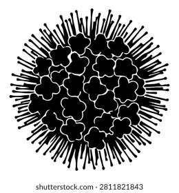 Detailed black and white illustration of a virus particle featuring surface spikes and core structure, representing microbiology and infectious agents.
