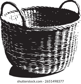 Uma ilustração detalhada em preto e branco de uma cesta tecida com alças, projetando uma sombra sobre um fundo branco.