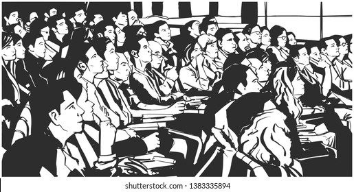 Detailed black and white ink drawing of theater cinema audience in perspective vector