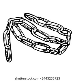 A detailed black and white ink sketch depicts the interlocking links of a chain, conveying concepts of connection and strength.