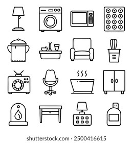 Detailed Black and White Line Art of Essential Household Items: Modern Kitchen Appliances, Classic Electronics, Cozy Furniture, and Trendy Home Decor for Every Space
