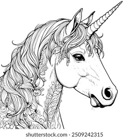 Ilustración detallada del arte de la línea blanca y negra de un unicornio majestuoso con melena que fluye y patrones florales adornados, dibujo mítico de la criatura de la fantasía

