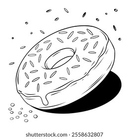 Detailed black and white line art of a donut topped with sprinkles. Minimalistic food-themed illustration ideal for coloring or design projects.