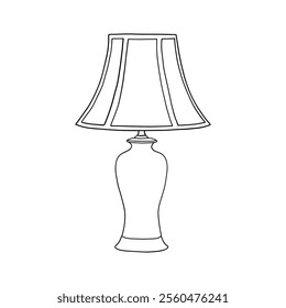 Detailed black and white line art of a classic table lamp with a timeless design. Ideal for coloring books, home decor projects, graphic design, and minimalist illustrations