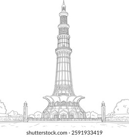 Detailed black and white line art illustration of Minar-e-Pakistan, historical landmark and national monument in Lahore, Pakistan, with intricate architectural design and surrounding landscape
