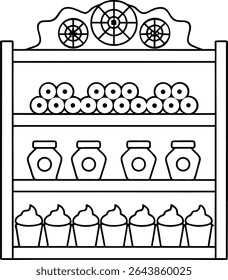 A Detailed Black and White Line Art Illustration of a Four-Tiered Shelving Unit Stocked with Various Round Items Jars and Conical Sweet Treats Creating a Visually Appealing Composition