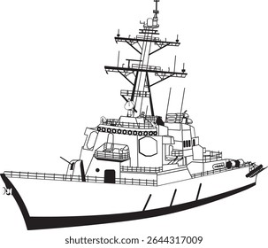 Detailed Black and White Line Art Illustration of a Modern Naval Destroyer Warship, Military Vessel for Defense and Maritime Operations