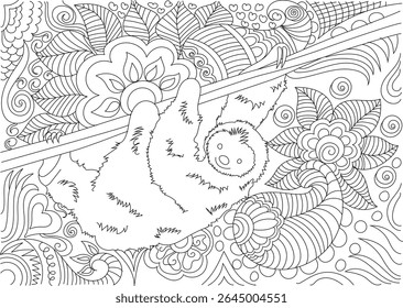 Detailed Black and White Line Art Illustration of a Cute Lazy Sloth Hanging on a Branch Surrounded by Intricate Abstract Floral and Leaf Patterns - Perfect for Adult Coloring Books and Relaxation