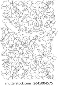 Detailed black and white line art illustration featuring a lizard amidst a dense pattern of stylized flowers and leaves, perfect for coloring books, patterns, or decorative elements.