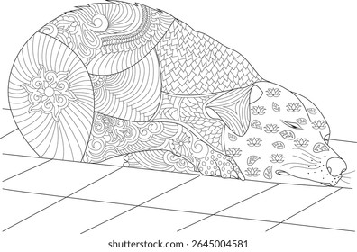 Detailed black and white line art of a lazy animal, possibly a dog or wolf, adorned with intricate patterns and mandalas, resting on a tiled floor. Ideal for coloring books and artistic designs.