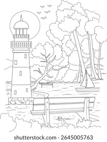 Detailed Black and White Line Art Illustration of a Peaceful Coastal Landscape Featuring a Lighthouse, Sailboat, Dock, Bench, and Trees - Perfect for Coloring Books and Design Projects